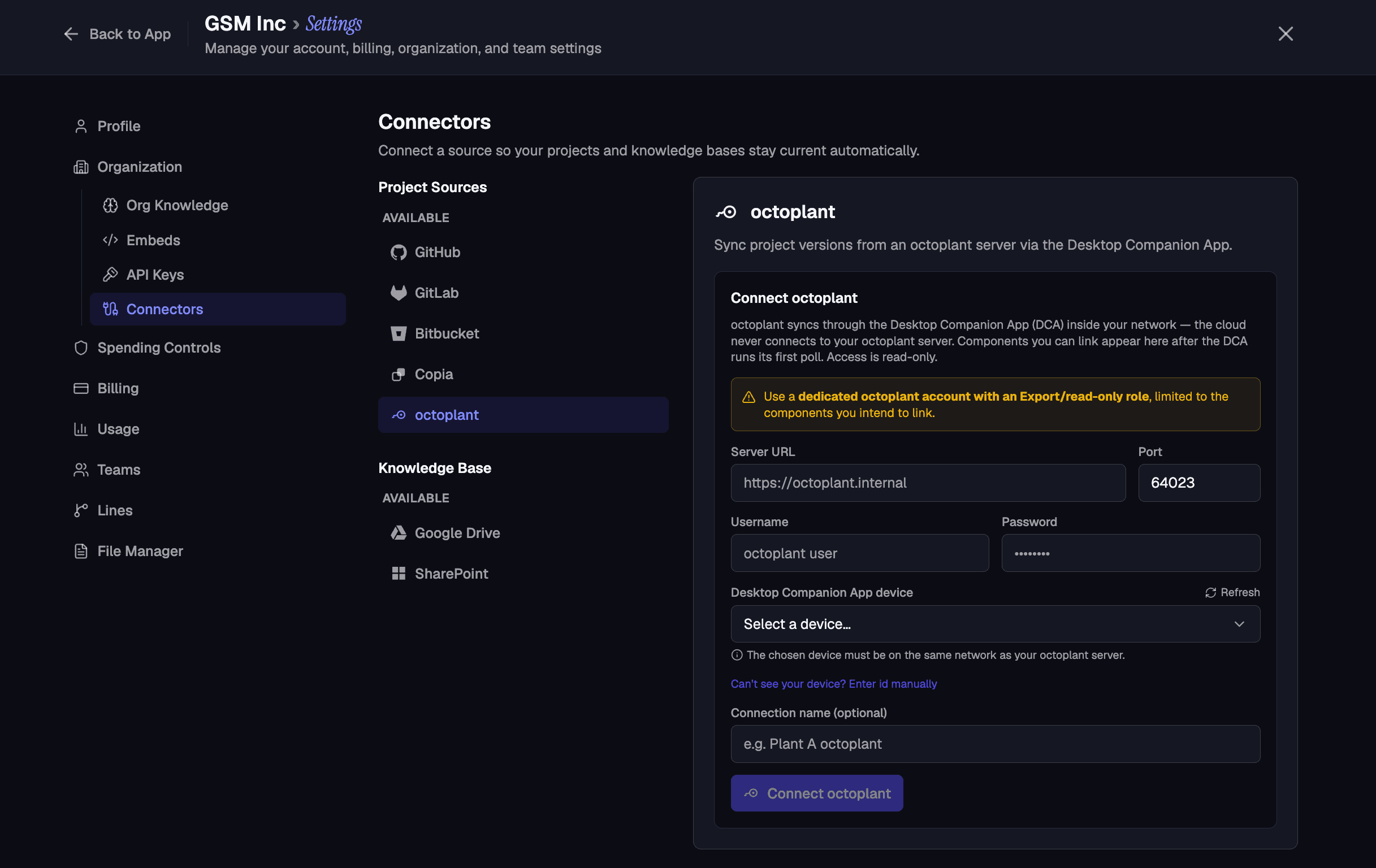 PLCs.ai Connectors settings — GitHub, GitLab, Bitbucket, Copia and octoplant