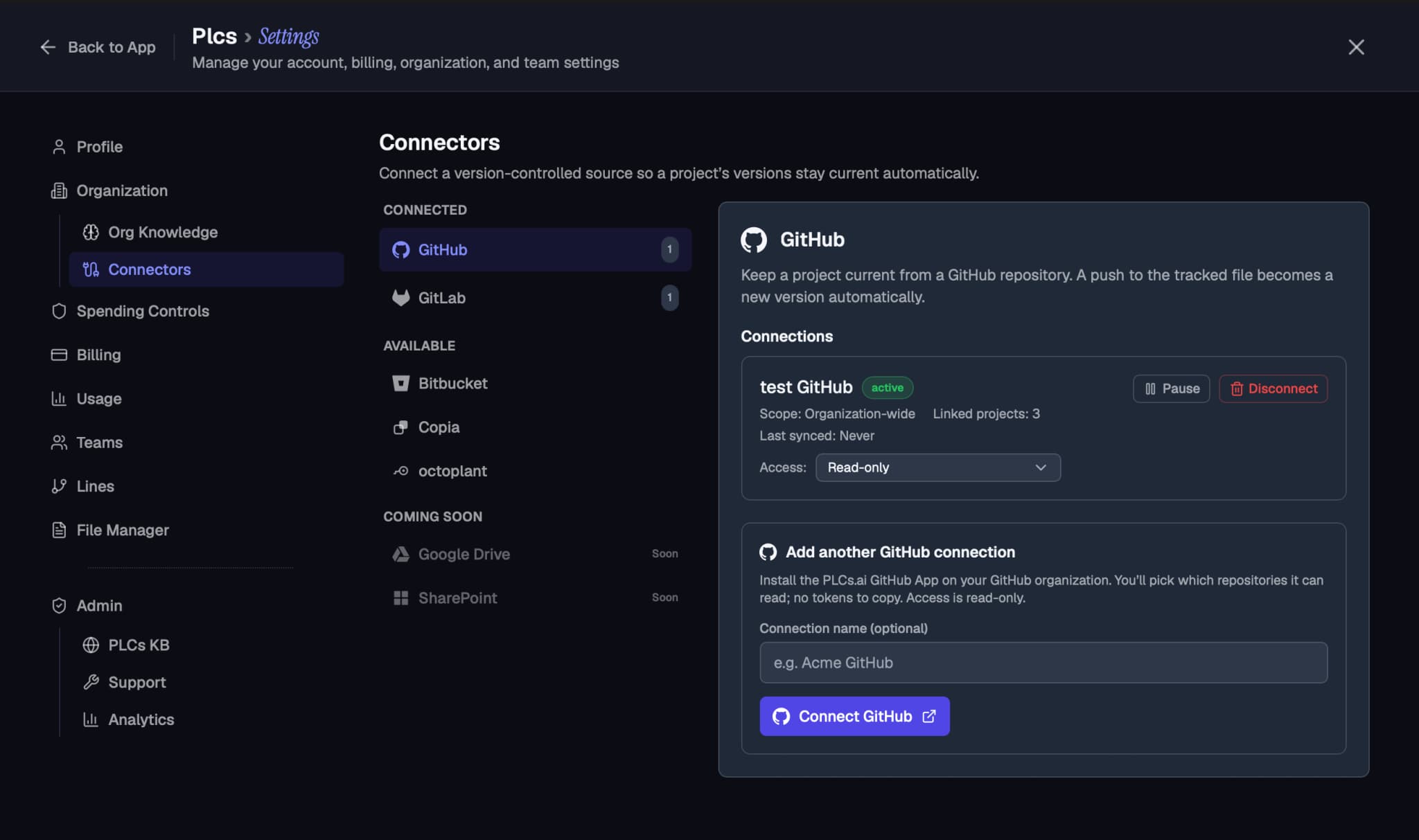 PLCs.ai Connectors settings — GitHub, GitLab, Bitbucket, Copia and octoplant