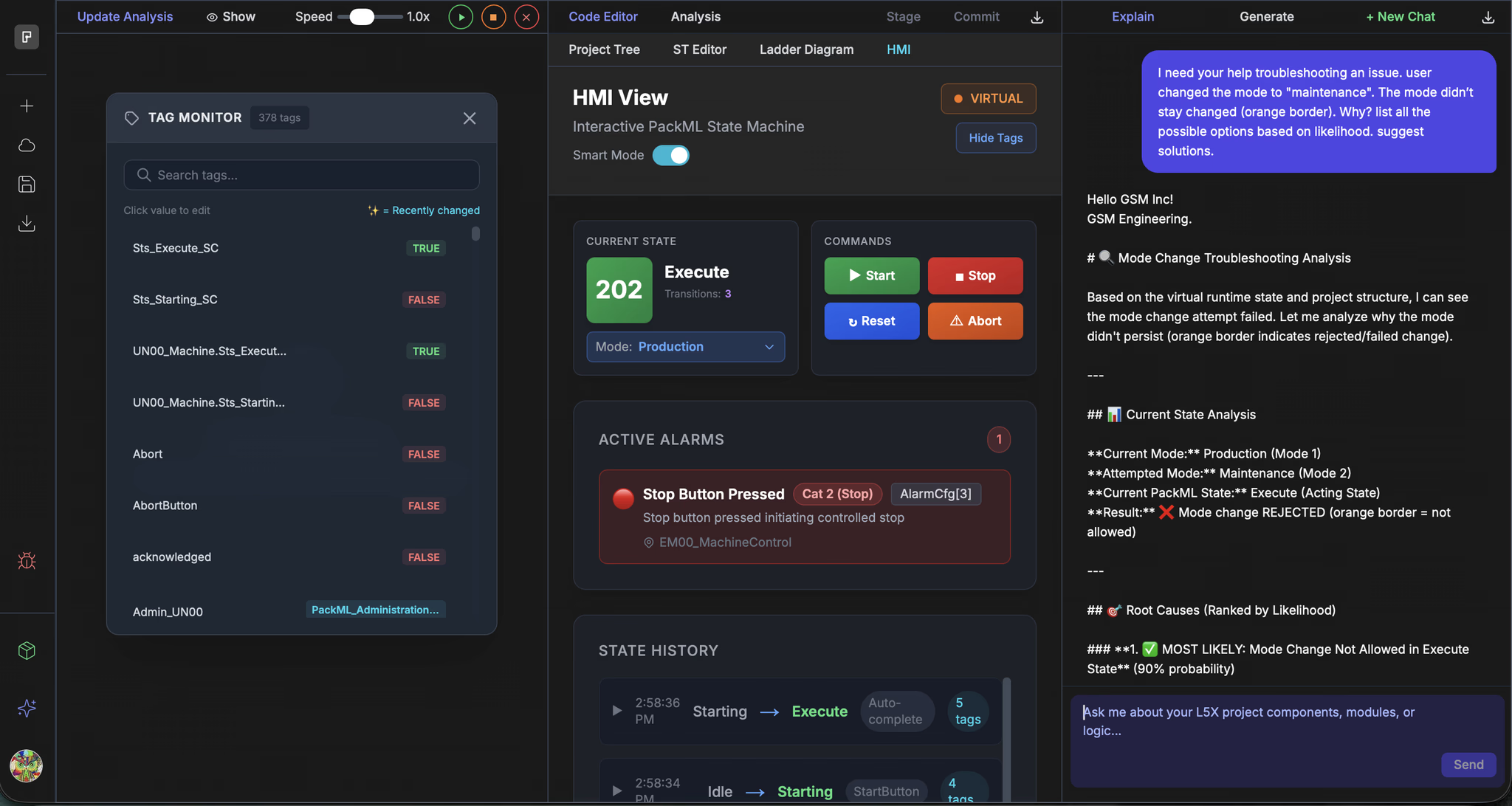 PLCs.ai platform — HMI view with AI troubleshooting